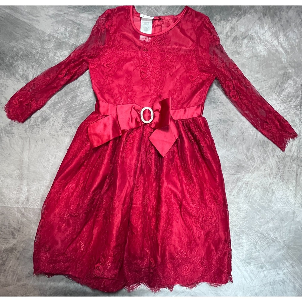 Blueberi Boulevard Lace Party Dress Girls 12 Red Bow Holiday Formal Long Sleeve